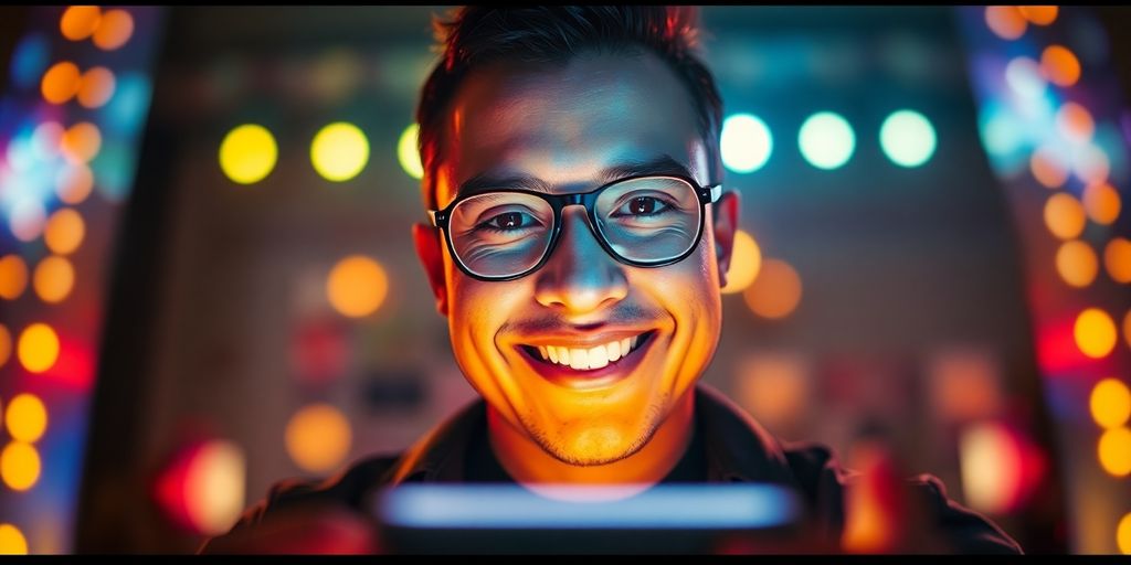 Person confidently using diverse tech devices, bright colors.