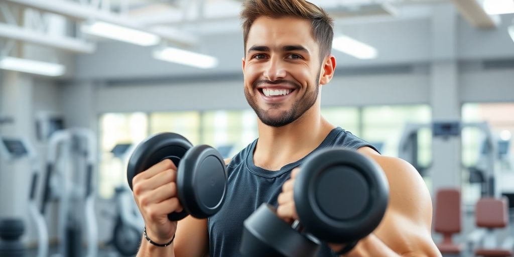 Man smiling, lifting weights at Planet Fitness