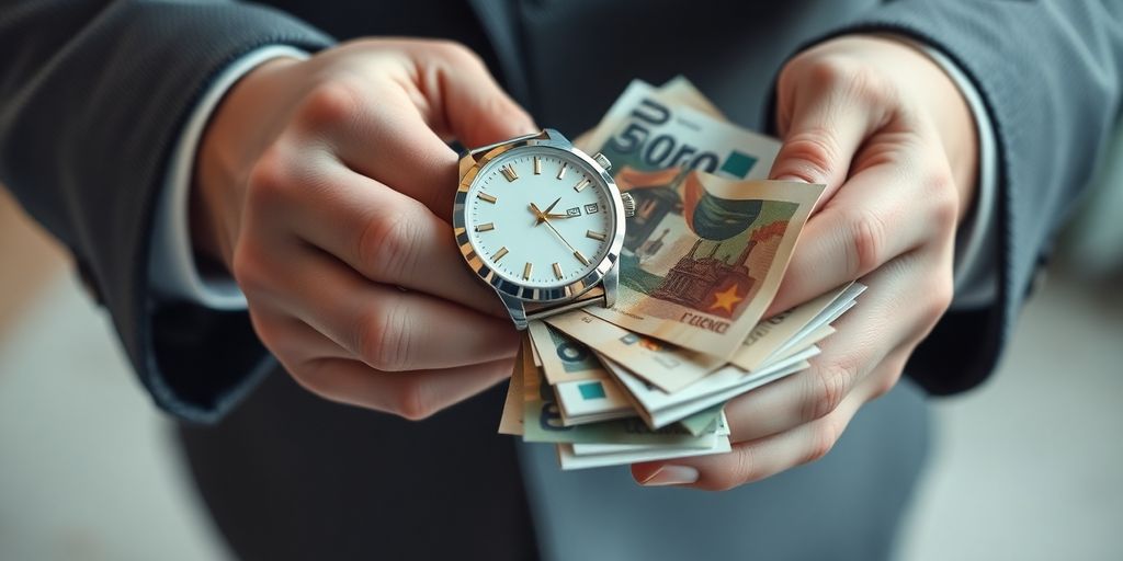 Mains échangeant une montre précieuse et de l'argent
