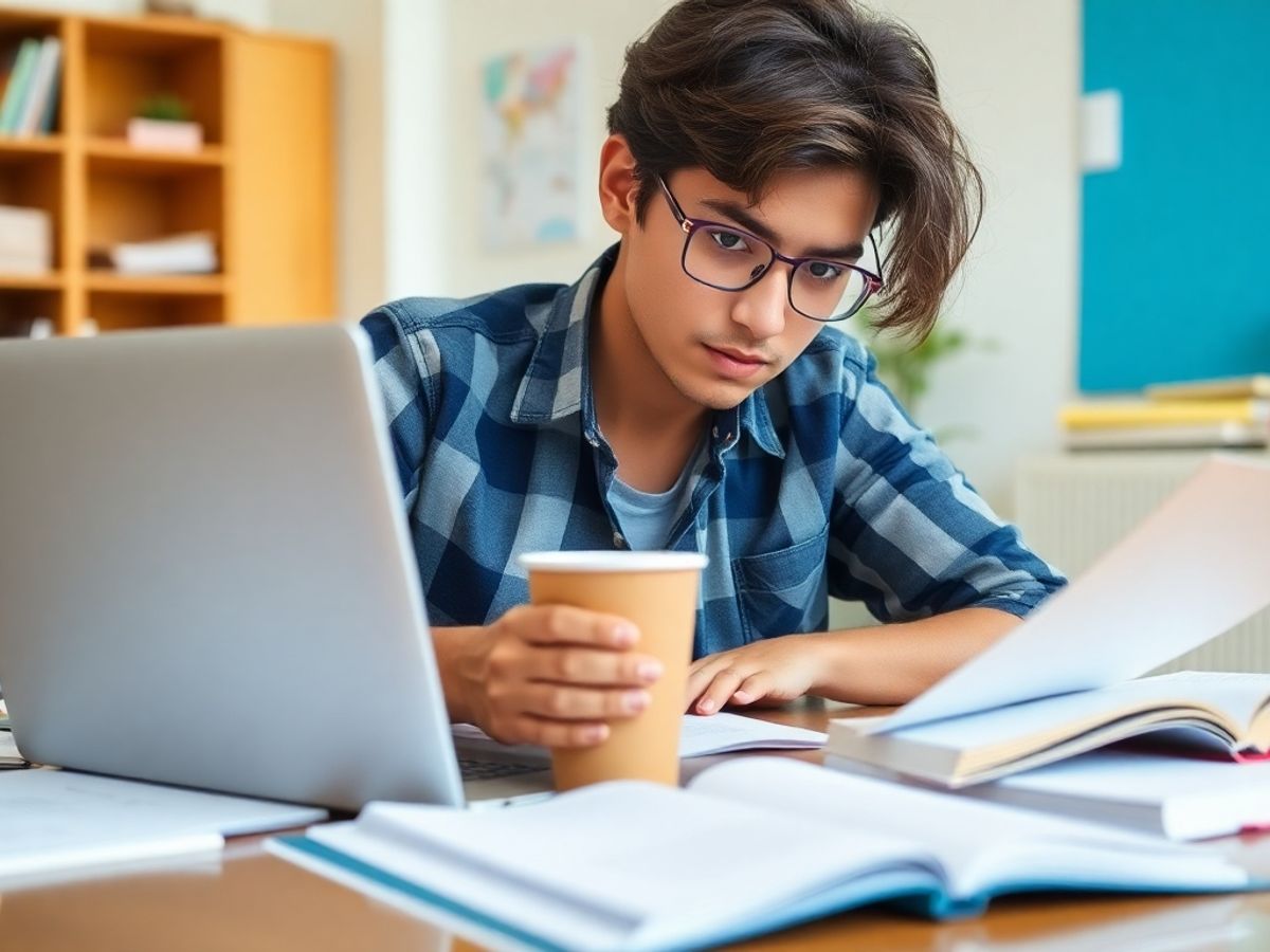 Student studying hard for SAT exam at a desk.
