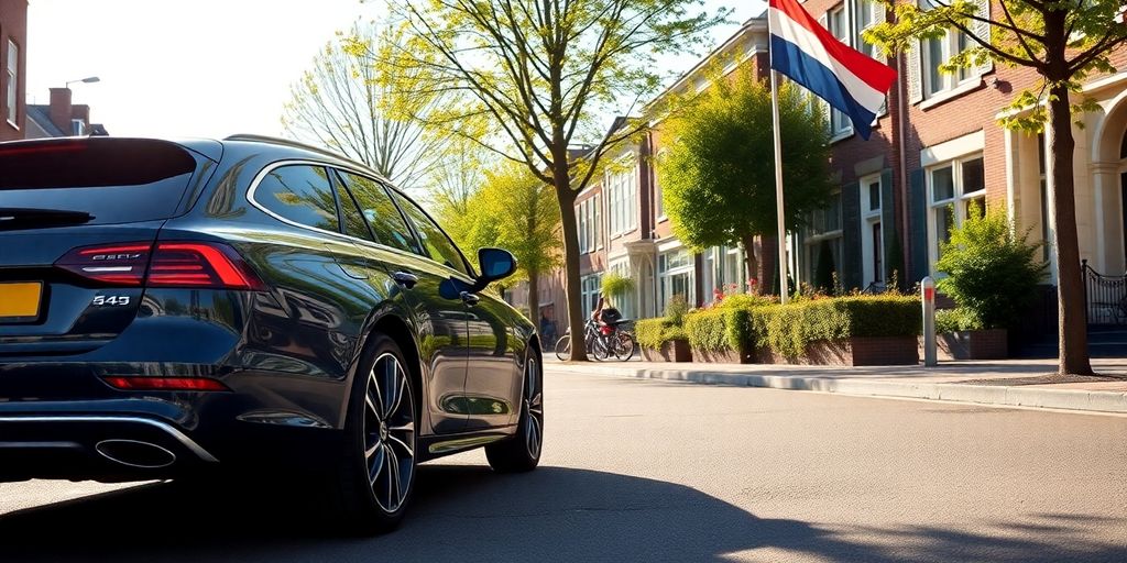 Auto en Nederlandse vlag op een zonnige dag.
