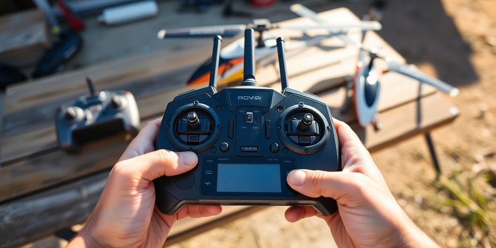 A hand holding a helicopter remote with other remotes nearby.