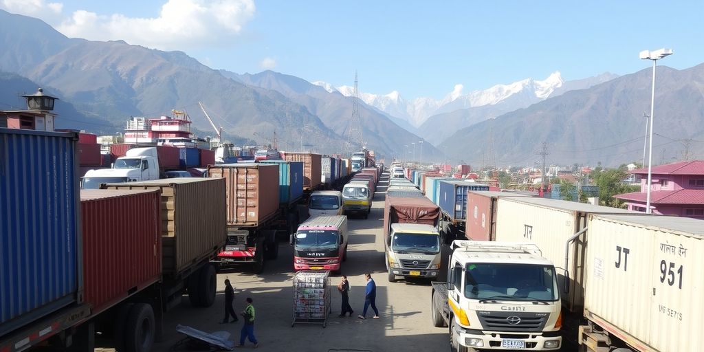 Logistics operations in Nepal with trucks and cargo.