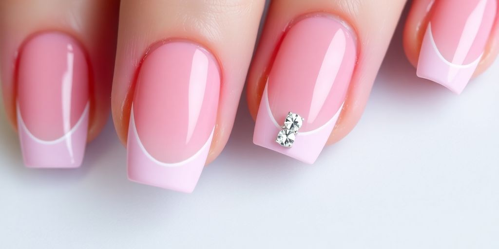 Unhas rosa com francesinha e strass brilhantes.