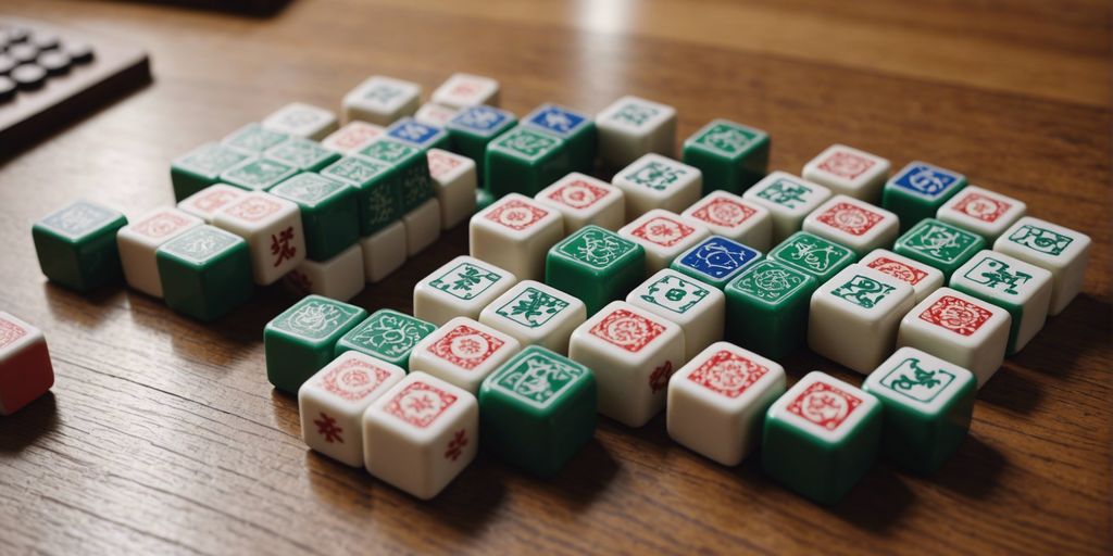 Mahjong tiles set on a wooden table for sale.