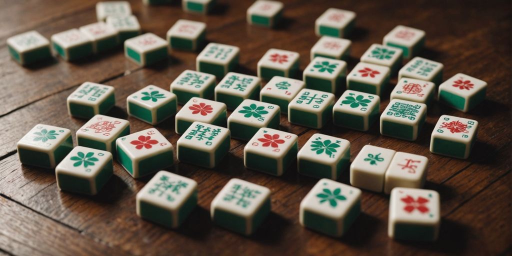 Old mahjong tiles on a rustic wooden surface.