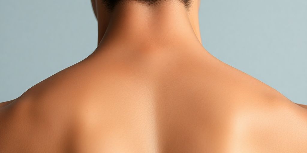 Person's upper back, shoulder, and neck muscles.