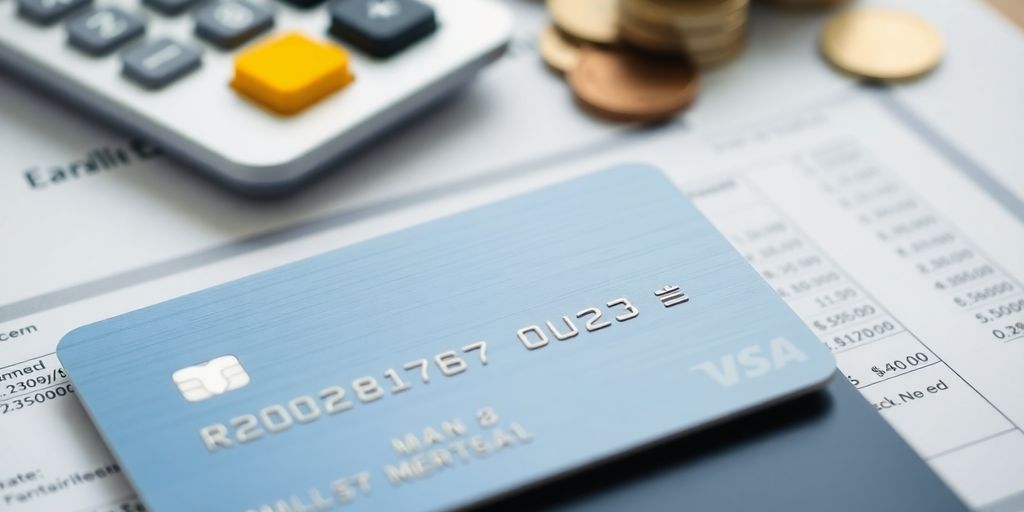 Cartão de crédito sobre documentos financeiros e moedas.