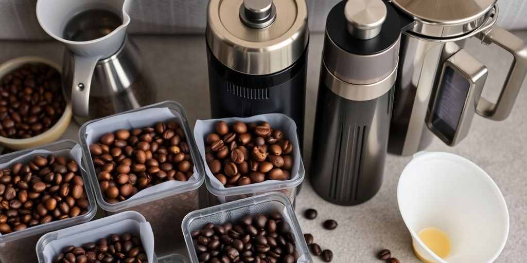 Assorted coffee beans, grinder, multiple brewing methods.