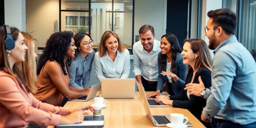 Diverse team collaborating in a modern office environment.