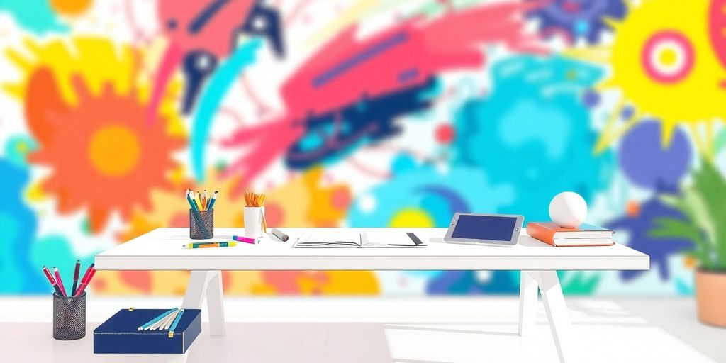 Creative director's desk, design tools, vibrant colors.