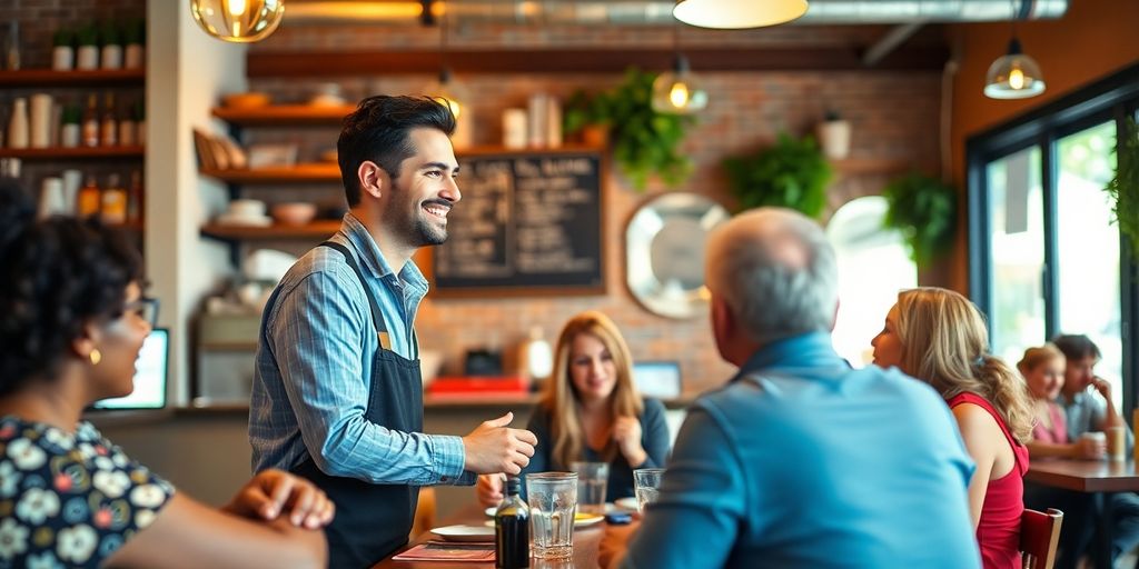 Small business owner engaging with diverse customers in café.