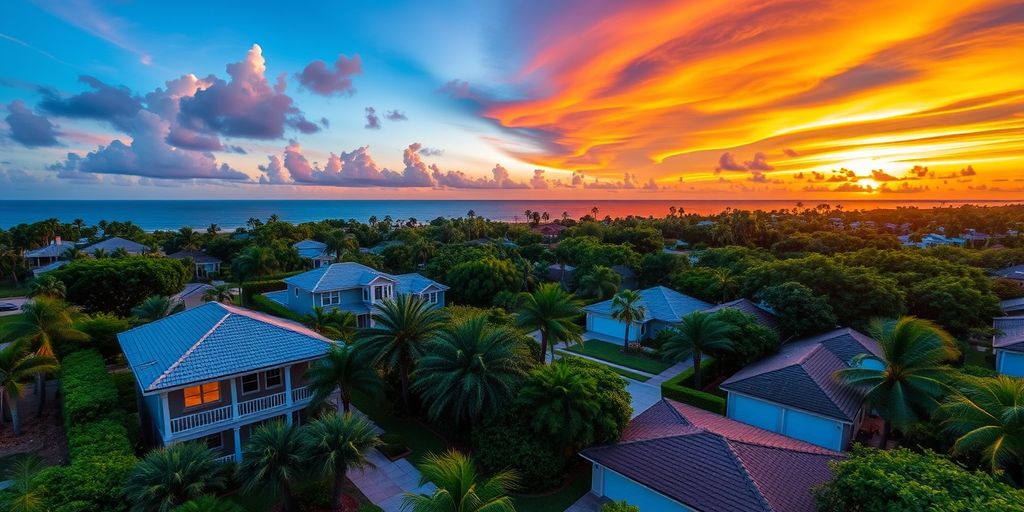 Vibrant Broward County houses with lush greenery and sunset.