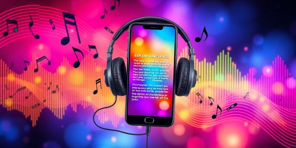 Vibrant music notes and headphones collage on smartphone.