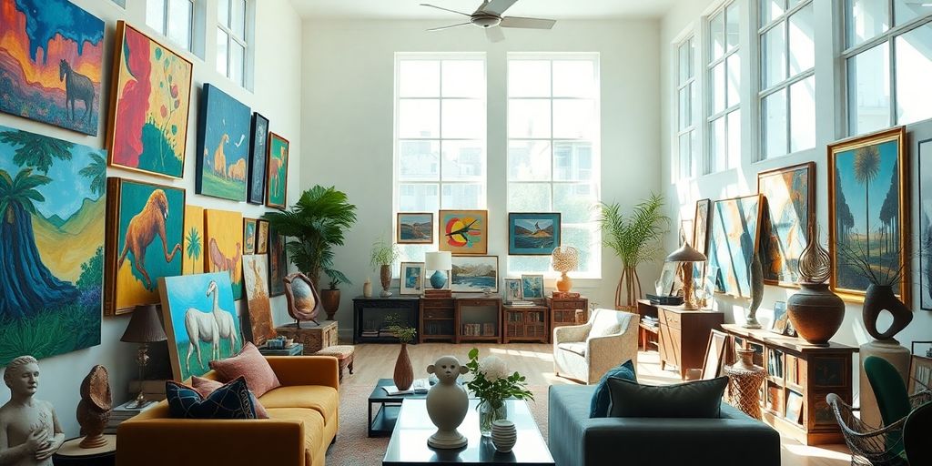 Bright, airy room with colorful art and furniture.