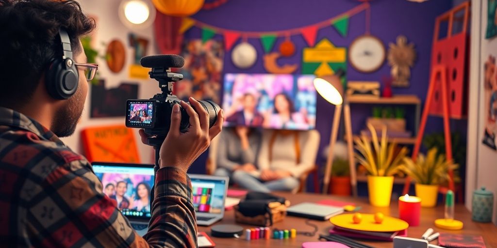 Creator filming a video with tools and props.