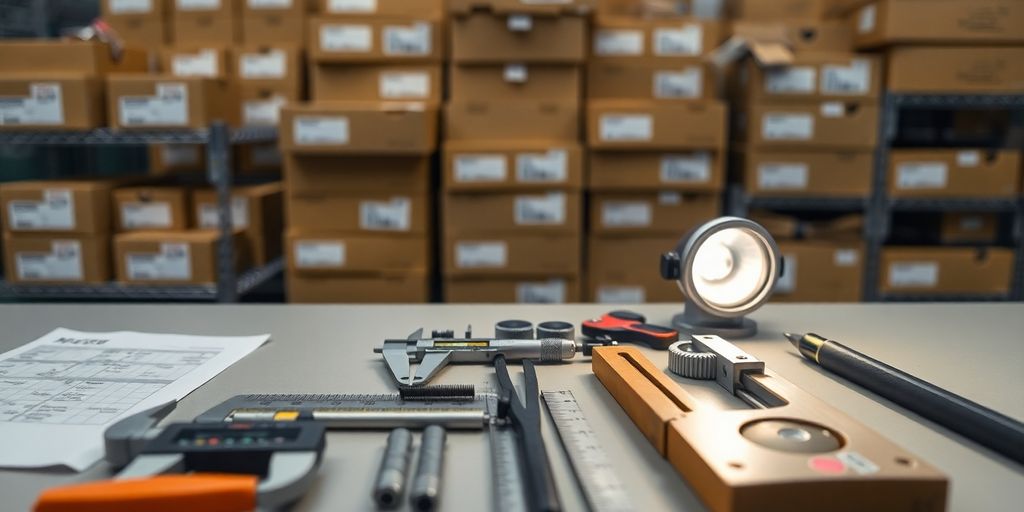 Quality control tools on a workspace with products.