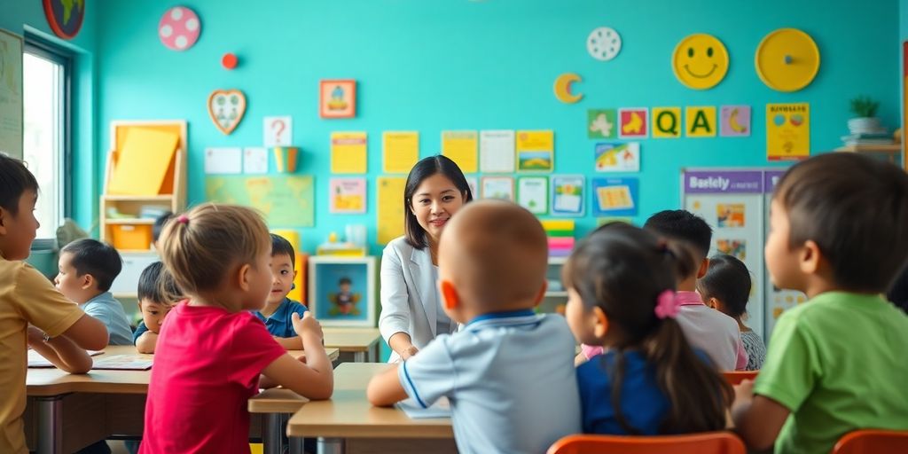 Diverse children learning in a vibrant Jakarta classroom.
