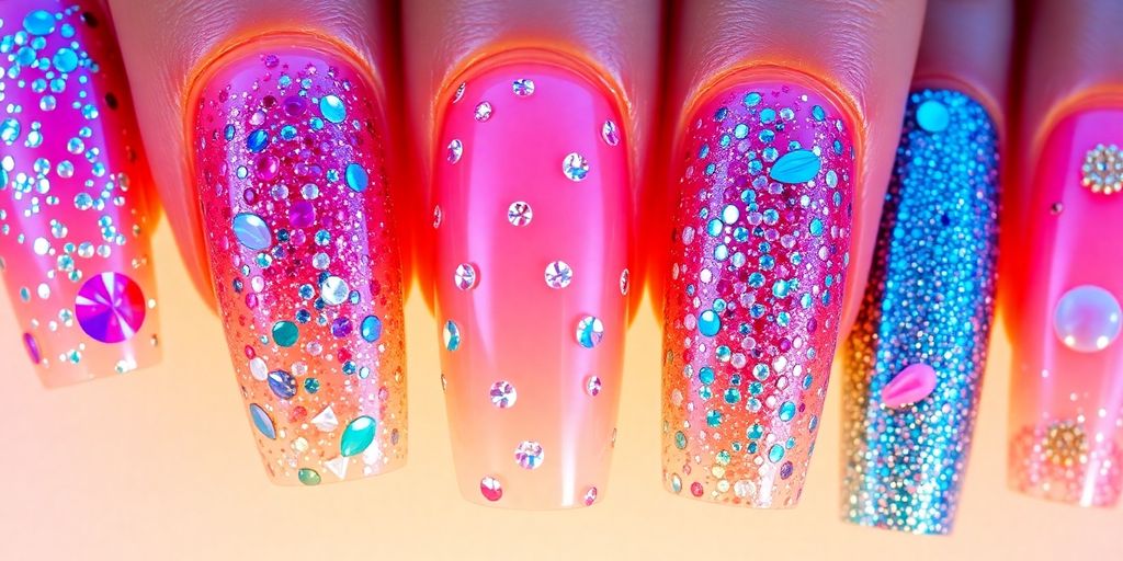 Colorful nail extensions with glitter and rhinestones.