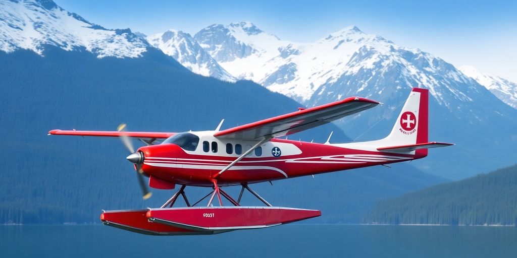 A seaplane flying above a rugged Alaskan coastline.