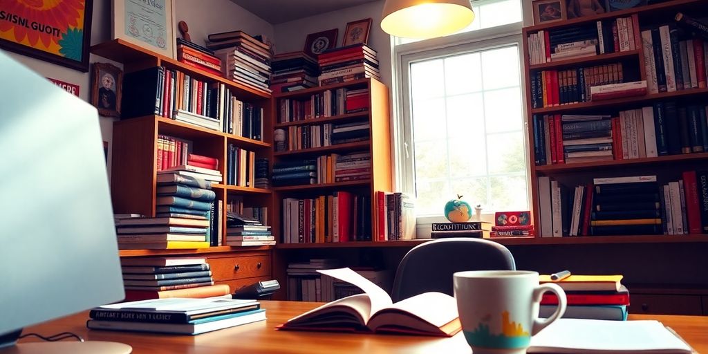 Cozy study space with books and warm lighting.