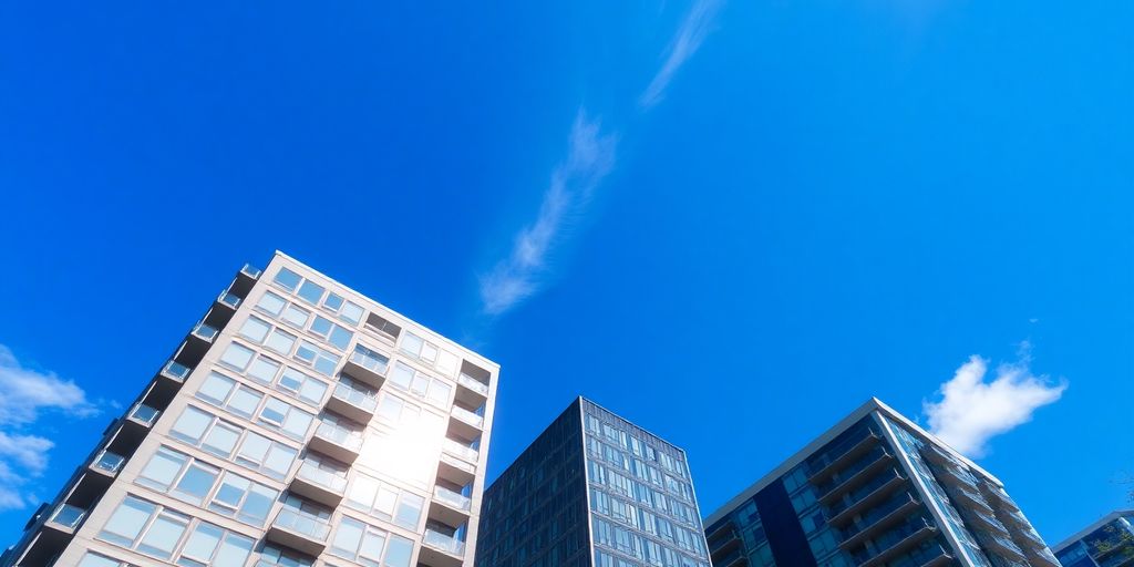 Modern Austin skyline, clear sky, apartment buildings.