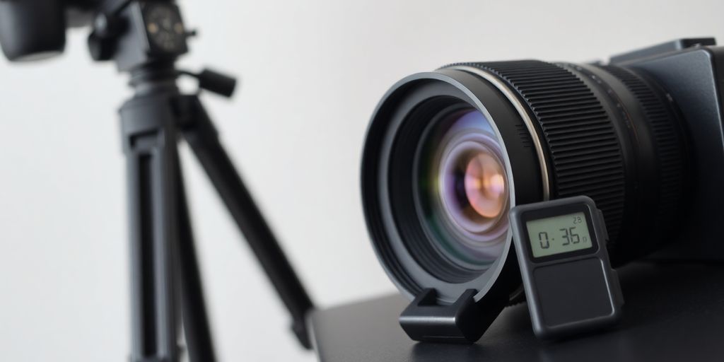Camera lens, tripod, and light meter.