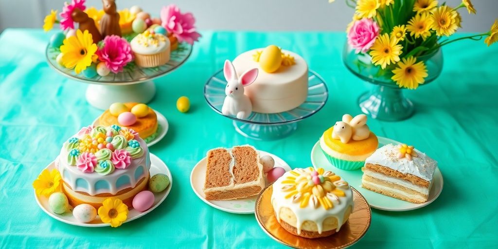 Bunte Osternleckereien auf Kaffeetafel dekoriert.
