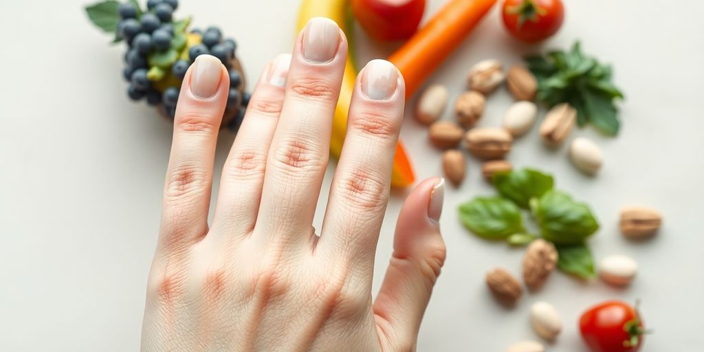 Unhas fortes e saudáveis com frutas e vegetais.