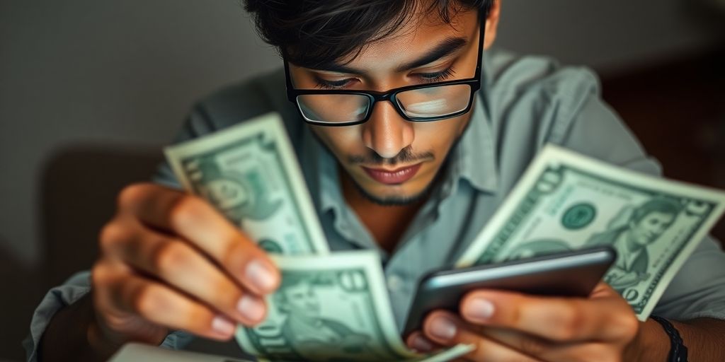 Pessoa analisando finanças com contas e calculadora.