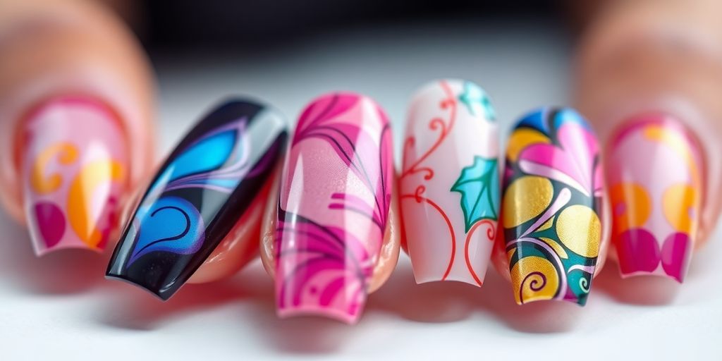 Unhas de fibra de vidro bem cuidadas e coloridas.