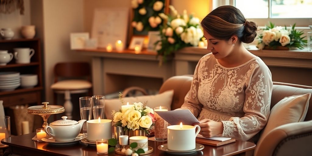 Couple creating wedding wish list with elegant items around.
