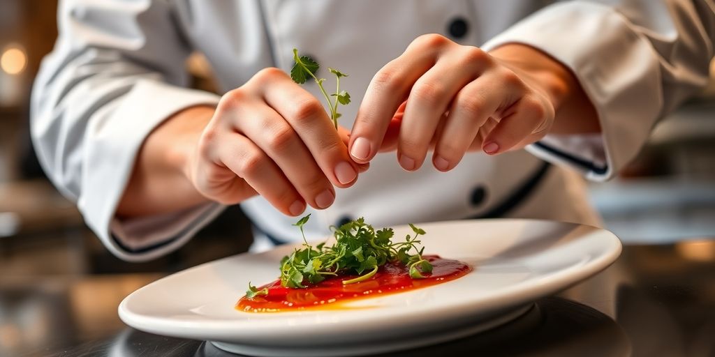 Uniformed sous chef plating elegant hotel dish.