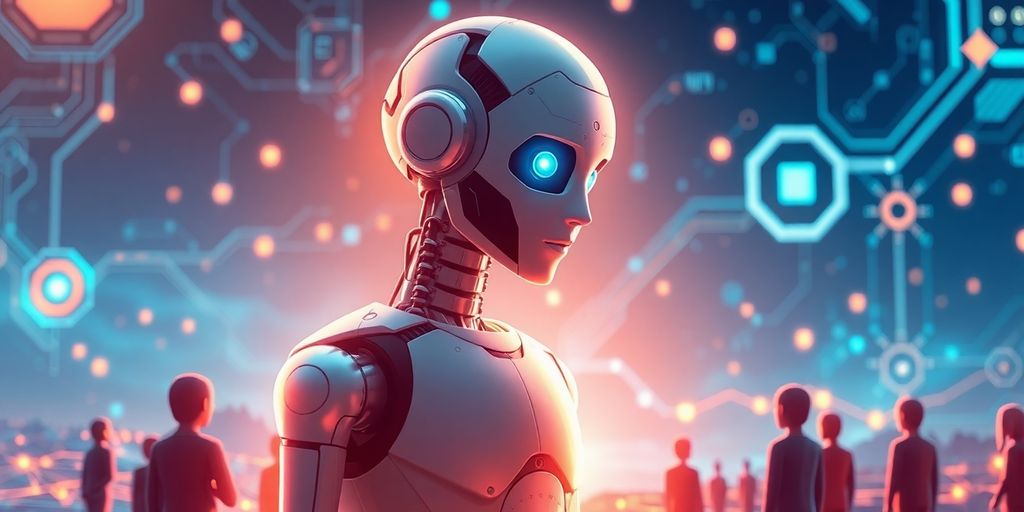 AI robot and humans in a collaborative digital environment.