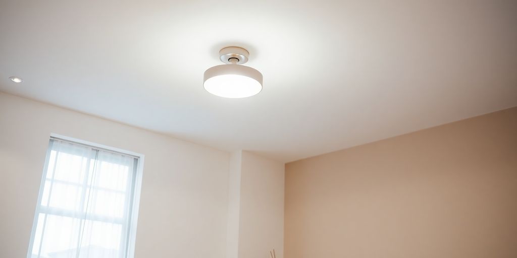 Bright ceiling light illuminating a modern living room.