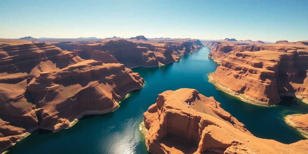 Aerial photographic view of Hoover Dam and the Grand Canyon.