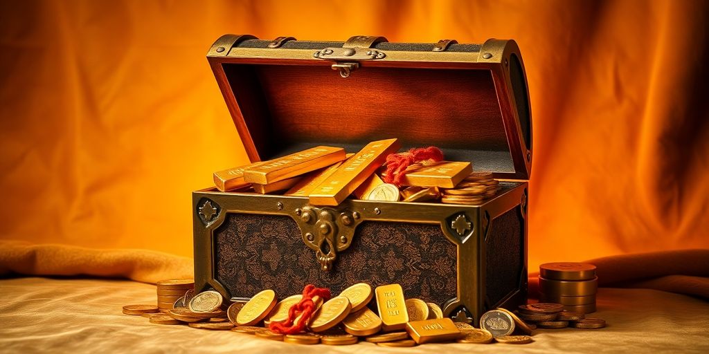 Coffre au trésor rempli d'or et de pièces.