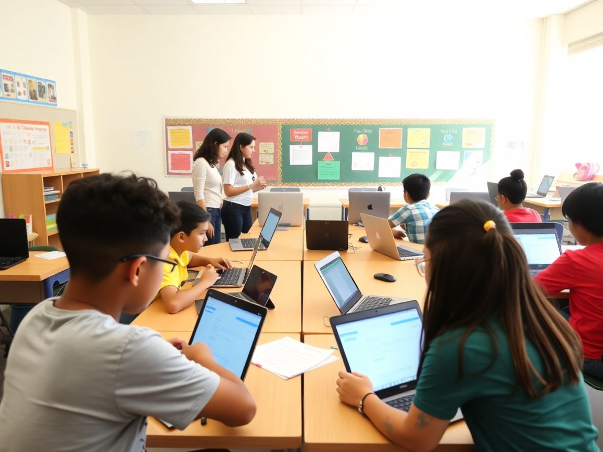 Elevi folosind laptopuri într-o clasă modernă.