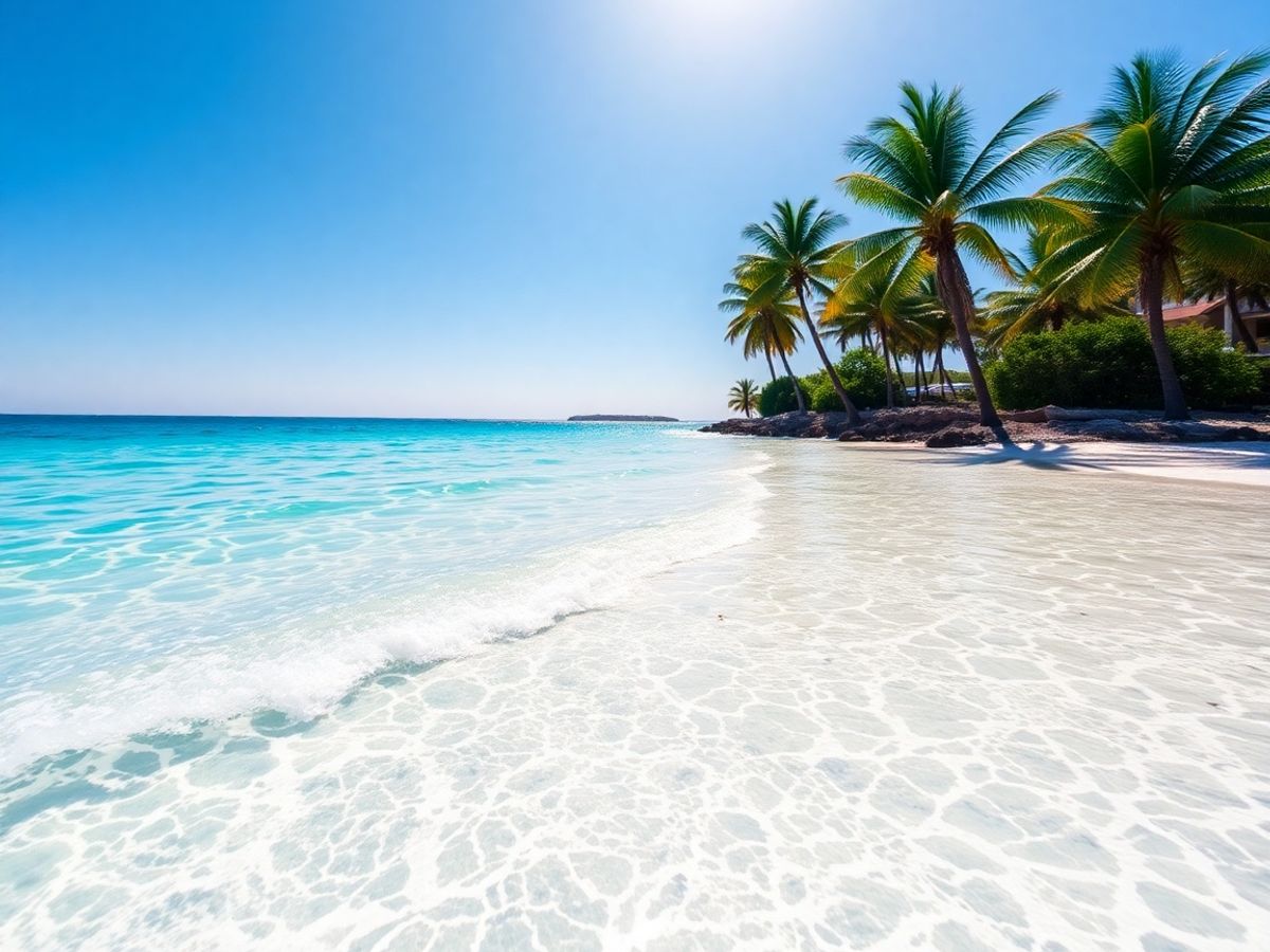 Acque cristalline turchesi che lambiscono una spiaggia di sabbia bianca baciata dal sole.