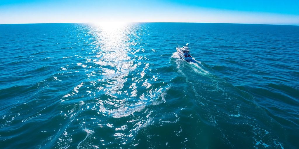 Deep blue ocean with a fishing boat in the distance.