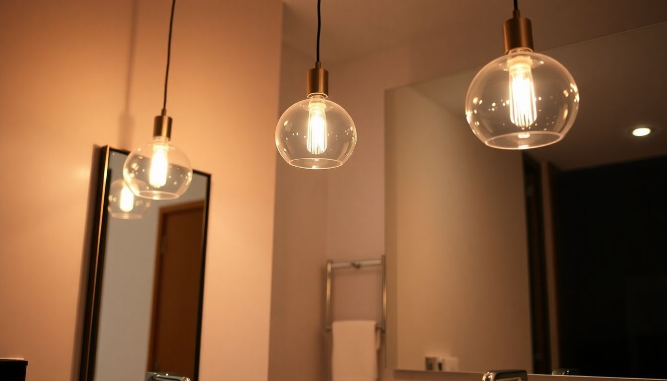 Modern bathroom with stylish pendant lights and elegant fixtures.