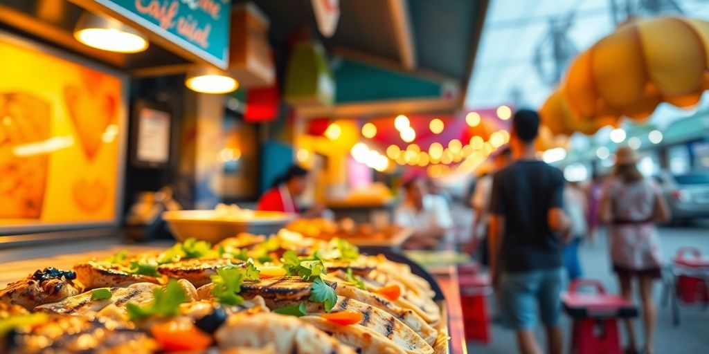 Vibrant street food stall with fresh seafood.