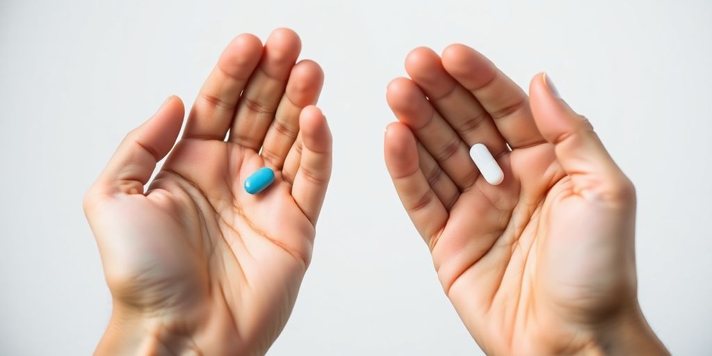 Two distinct pills, one blue, one white.