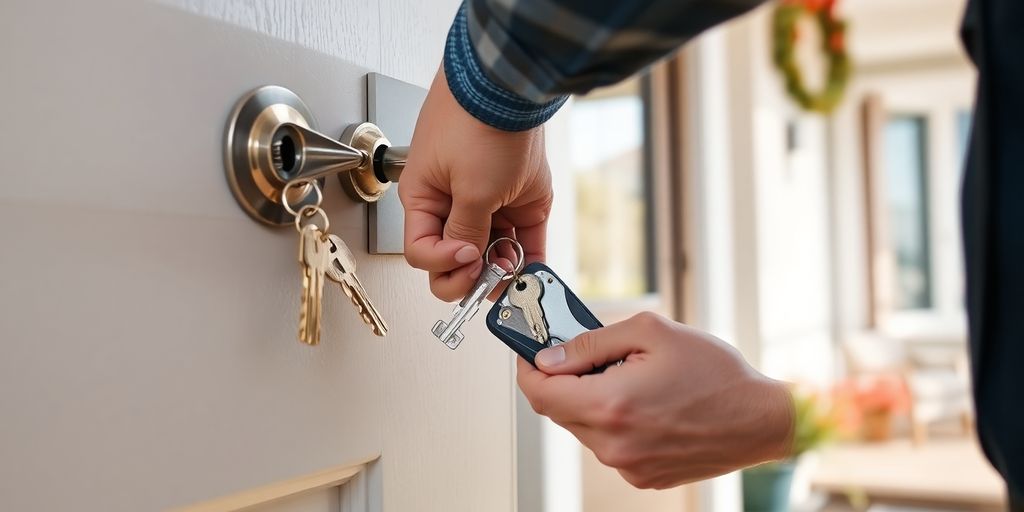 Cerrajero desbloqueando una puerta residencial con herramientas.