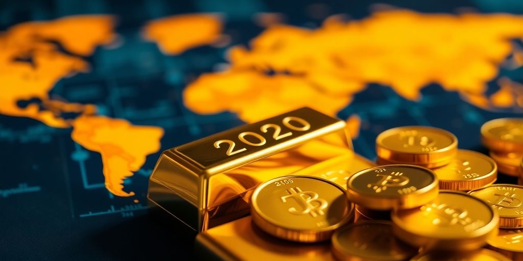 Barres et pièces d'or sur fond de carte mondiale.