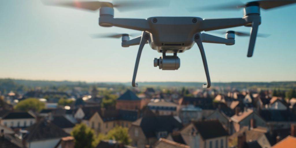 Drone volant au-dessus de villes normandes.