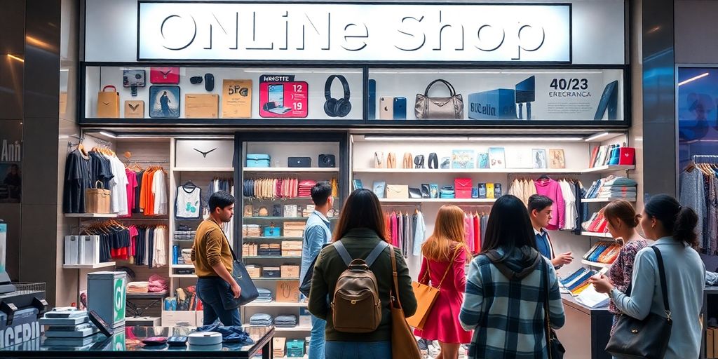 Colorful online shop with various products and happy shoppers.