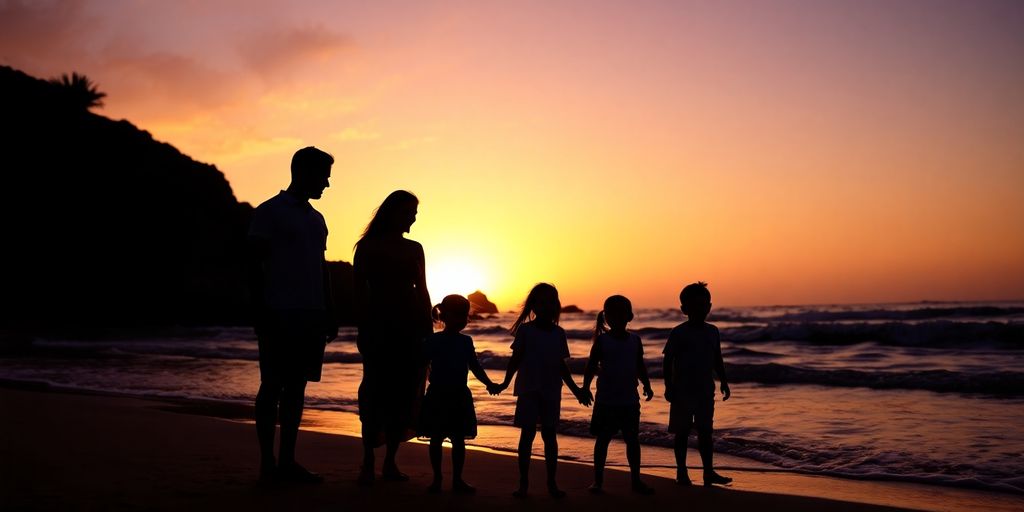 Family enjoying Cabo beach at sunset.