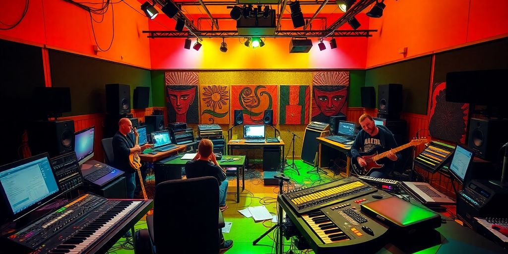 Musicians collaborating in a colorful, high-tech music laboratory.