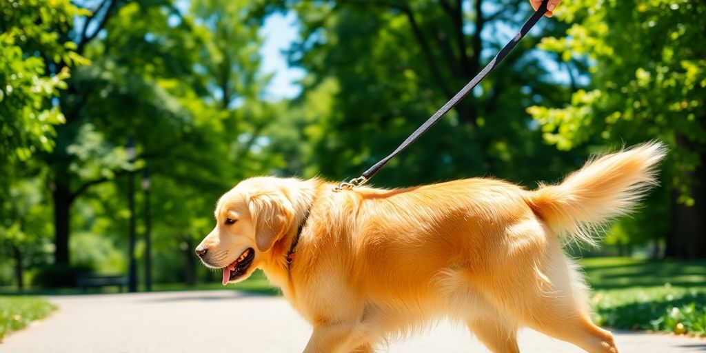 Happy pregnant dog walking on leash outdoors.